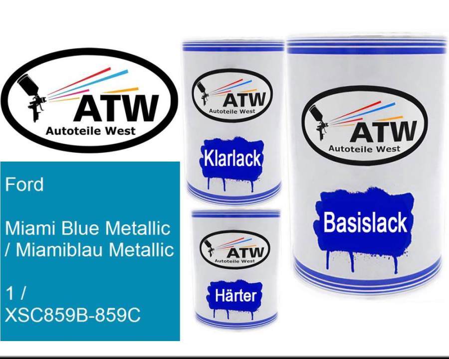 Ford, Miami Blue Metallic / Miamiblau Metallic, 1 / XSC859B-859C: 500ml Lackdose + 500ml Klarlack + 250ml Härter - Set, von ATW Autoteile West.